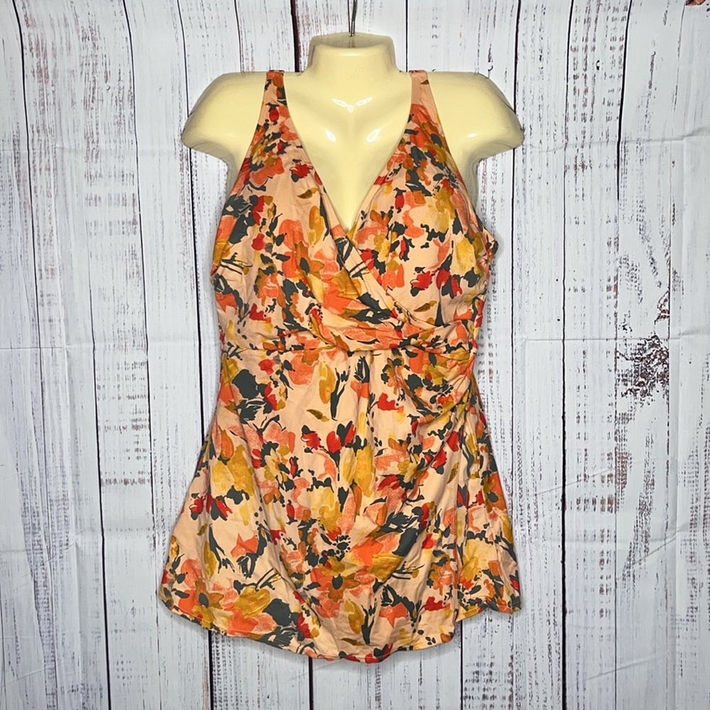 Denim & Co Beach Size 18W Pink Floral Print One Piece Bathing Suit Swim Dress